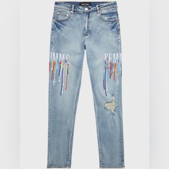 Homme + Femme | NWT Letterman Drip Embroidered Distressed Denim Blue Jeans 32 - Picture 1 of 11